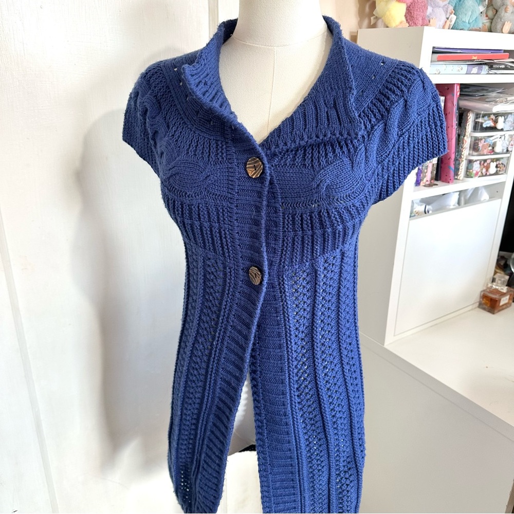 Y2K cottagecore twee dark blue knit babydoll sweater cardigan with buttons XS